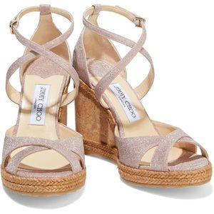 Jimmy Choo Glittered Woven Espadrille Wedge Sandals sz 37.5 like new